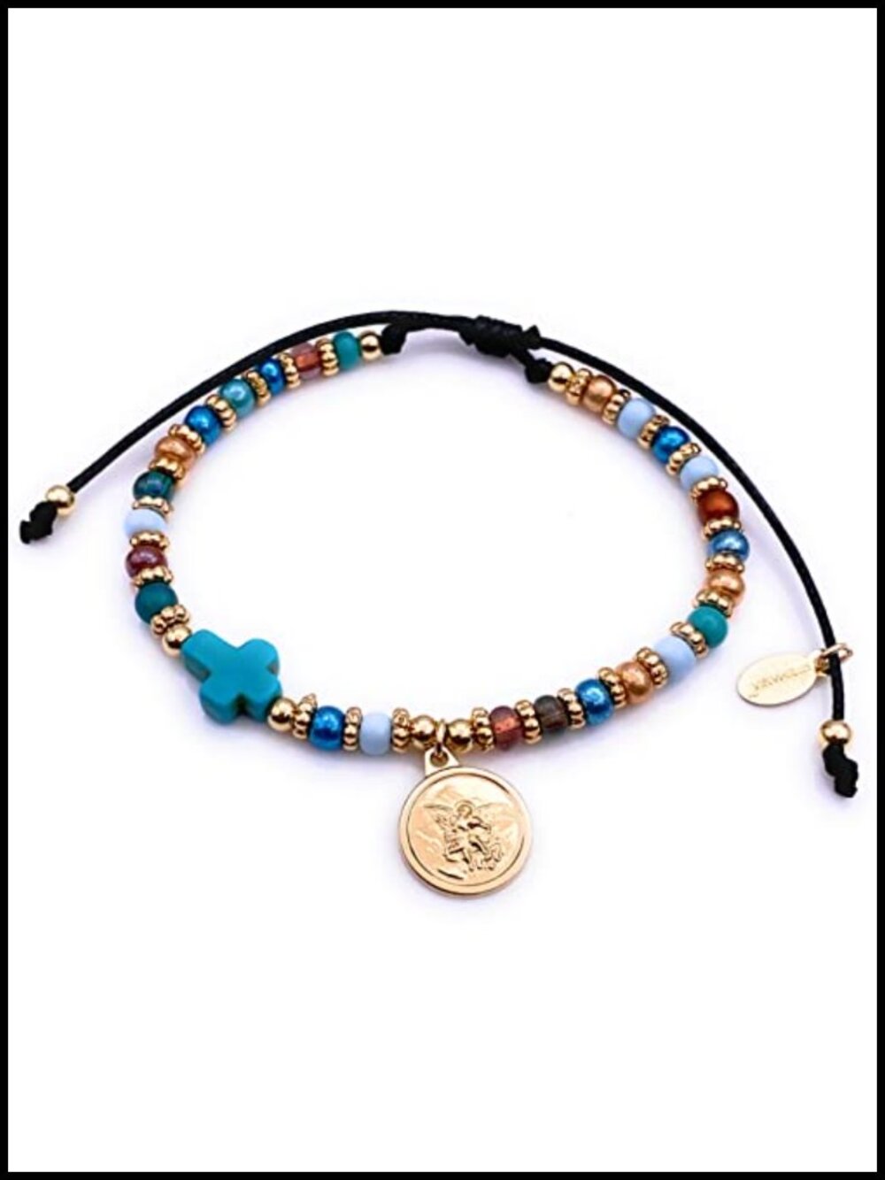 Saint Michael Beaded Bracelet, Religious Cross, Adjustable, Gold Plated
